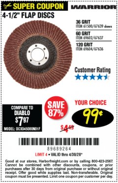 Harbor Freight Coupon WARRIOR 4-1/2" FLAP DISCS Lot No. 61500/67639/69602/67637/69604/67636 Expired: 6/30/20 - $0.99