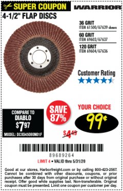 Harbor Freight Coupon WARRIOR 4-1/2" FLAP DISCS Lot No. 61500/67639/69602/67637/69604/67636 Expired: 6/30/20 - $0.99