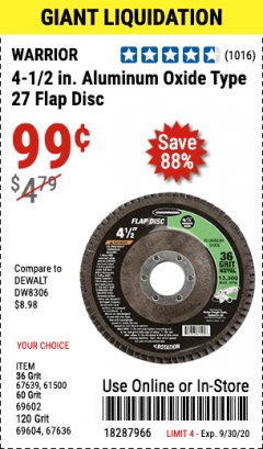 Harbor Freight Coupon WARRIOR 4-1/2" FLAP DISCS Lot No. 61500/67639/69602/67637/69604/67636 Expired: 9/30/20 - $0.99