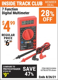 Harbor Freight ITC Coupon CEN-TECH 7 FUNCTION DIGITAL MULTIMETER Lot No. 30756/69096/63604/63759/63758/98025 Expired: 8/26/21 - $4.99