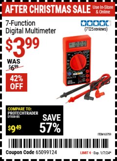 Harbor Freight Coupon CEN-TECH 7 FUNCTION DIGITAL MULTIMETER Lot No. 30756/69096/63604/63759/63758/98025 Expired: 1/7/24 - $3.99