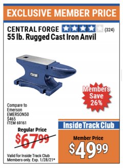 Harbor Freight ITC Coupon 55 LB. RUGGED CAST IRON ANVIL Lot No. 806/69161 Expired: 1/28/21 - $49.99