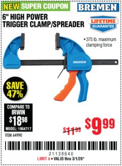 Harbor Freight Coupon 6" HIGH POWER TRIGGER CLAMP/SPREADER - BREMEN Lot No. 64990 Expired: 3/1/20 - $9.99