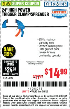 Harbor Freight Coupon 24" HIGH POWER TRIGGER CLAMP/SPREADER - BREMEN Lot No. 64992 Expired: 3/1/20 - $14.99