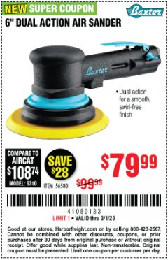 Harbor Freight Coupon BAXTER 6 IN. DUAL-ACTION AIR SANDER Lot No. 56580 Expired: 3/1/20 - $79.99