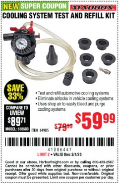 Harbor Freight Coupon MADDOX COOLING SYSTEM TEST AND REFILL KIT Lot No. 64985 Expired: 3/1/20 - $59.99