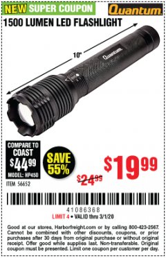 Harbor Freight Coupon 1500 LUMEN LED FLASHLIGHT Lot No. 56652 Expired: 3/1/20 - $19.99