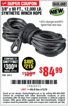 Harbor Freight Coupon BADLAND 12,000 LB., 80 FT. X 3/8” SYNTHETIC WINCH ROPE Lot No. 56412 Expired: 6/30/20 - $84.99