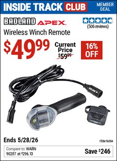Harbor Freight ITC Coupon BADLAND APEX WIRELESS WINCH REMOTE Lot No. 56504 Valid Thru: 5/28/26 - $49.99