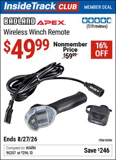 Harbor Freight ITC Coupon BADLAND APEX WIRELESS WINCH REMOTE Lot No. 56504 Valid Thru: 8/27/26 - $49.99