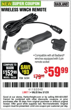 Harbor Freight Coupon WIRELESS WINCH REMOTE Lot No. 56504 Expired: 3/1/20 - $59.99