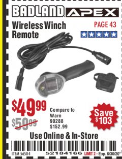 Harbor Freight Coupon BADLAND WIRELESS WINCH REMOTE  Lot No. 56504 Expired: 6/30/20 - $49.99