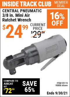 Harbor Freight ITC Coupon 3/8" PALM RATCHET WRENCH Lot No. 99898 Expired: 9/30/21 - $24.99