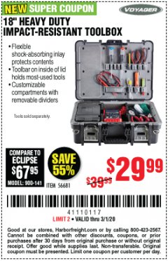 Harbor Freight Coupon 18" HEAVY DUTY IMPACT-RESISTANT TOOLBOX Lot No. 56681 Expired: 3/1/20 - $29.99