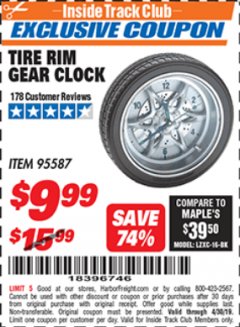 Harbor Freight ITC Coupon TIRE RIM GEAR CLOCK Lot No. 95587 Expired: 4/30/19 - $9.99