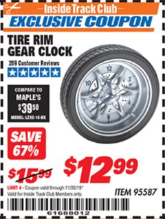 Harbor Freight ITC Coupon TIRE RIM GEAR CLOCK Lot No. 95587 Expired: 11/30/19 - $12.99