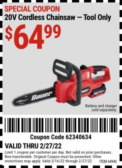 Harbor Freight Coupon 20V LITHIUM-ION CORDLESS 10" CHAINSAW Lot No. 64940 Expired: 3/3/22 - $64.99