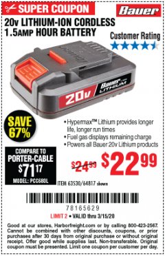 Harbor Freight Coupon 20V LITHIUM-ION CORDLESS 1.5AMP HOUR BATTERY Lot No. 63530/64817 Expired: 3/15/20 - $22.99