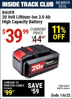 Harbor Freight ITC Coupon 20V LITHIUM-ION CORDLESS 3AMP HOUR BATTERY Lot No. 63631/64816 Expired: 1/6/22 - $39.99