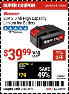 Harbor Freight Coupon 20V LITHIUM-ION CORDLESS 3AMP HOUR BATTERY Lot No. 63631/64816 Expired: 7/31/22 - $39.99