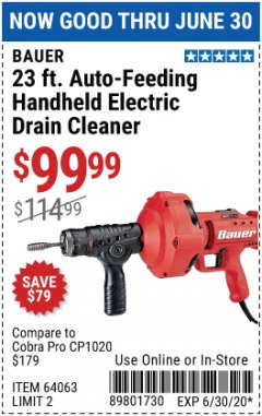 Harbor Freight Coupon 23 FT. AUTO-FEEDING HANDHELD ELEXTRIC DRAIN CLEANER Lot No. 64063 Expired: 6/30/20 - $99.99