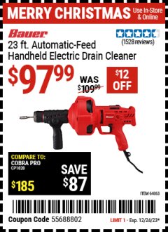 Harbor Freight Coupon 23 FT. AUTO-FEEDING HANDHELD ELEXTRIC DRAIN CLEANER Lot No. 64063 Expired: 12/24/23 - $97.99