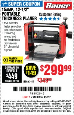 Harbor Freight Coupon 15 AMP 12 1/2" PORTABLE THICKNESS PLANER Lot No. 63445 Expired: 6/30/20 - $299.99