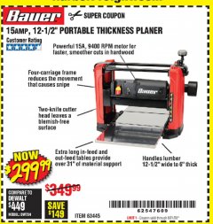 Harbor Freight Coupon 15 AMP 12 1/2" PORTABLE THICKNESS PLANER Lot No. 63445 Expired: 6/21/20 - $299.99