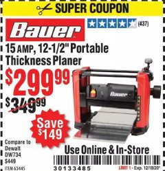 Harbor Freight Coupon 15 AMP 12 1/2" PORTABLE THICKNESS PLANER Lot No. 63445 Expired: 12/18/20 - $299.99