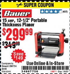 Harbor Freight Coupon 15 AMP 12 1/2" PORTABLE THICKNESS PLANER Lot No. 63445 Expired: 1/8/21 - $299.99