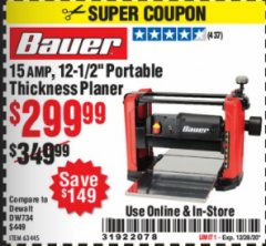 Harbor Freight Coupon 15 AMP 12 1/2" PORTABLE THICKNESS PLANER Lot No. 63445 Expired: 12/28/20 - $2.99