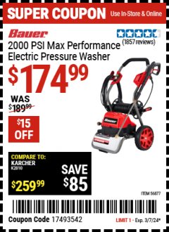 Harbor Freight Coupon BAUER 2000 PSI ELECTRIC PRESSURE WASHER Lot No. 56877 Expired: 3/7/24 - $174.99