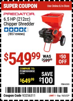 Harbor Freight Coupon CHIPPER/SHREDDER WITH 6.5 HP GAS ENGINE Lot No. 62323 Valid Thru: 10/2/22 - $549.99