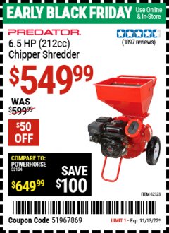 Harbor Freight Coupon CHIPPER/SHREDDER WITH 6.5 HP GAS ENGINE Lot No. 62323 Expired: 11/13/22 - $549.99