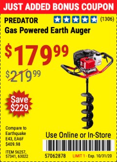 Harbor Freight Coupon 2 HP GAS POWERED EARTH AUGER WITH 6"BIT Lot No. 63022 Expired: 10/31/20 - $179.99