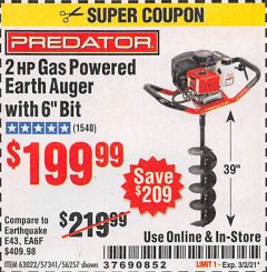 Harbor Freight Coupon 2 HP GAS POWERED EARTH AUGER WITH 6"BIT Lot No. 63022 Expired: 3/2/21 - $199.99