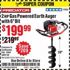 Harbor Freight Coupon 2 HP GAS POWERED EARTH AUGER WITH 6"BIT Lot No. 63022 Expired: 3/7/21 - $199.99