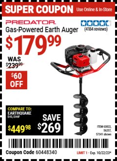 Harbor Freight Coupon 2 HP GAS POWERED EARTH AUGER WITH 6"BIT Lot No. 63022 Expired: 10/22/23 - $179.99