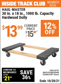 Harbor Freight ITC Coupon 30"X18" 1000LB HARDWOOD DOLLY Lot No. 92486/39757/60496/62398/61897/38970 Expired: 10/28/21 - $13.99