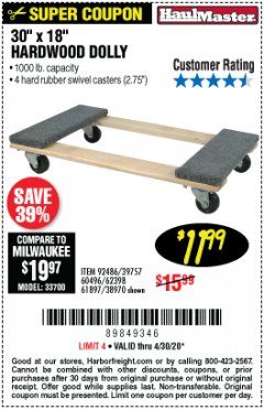 Harbor Freight Coupon 30"X18" 1000LB HARDWOOD DOLLY Lot No. 92486/39757/60496/62398/61897/38970 Expired: 6/30/20 - $11.99