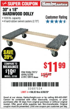 Harbor Freight Coupon 30"X18" 1000LB HARDWOOD DOLLY Lot No. 92486/39757/60496/62398/61897/38970 Expired: 6/30/20 - $11.99