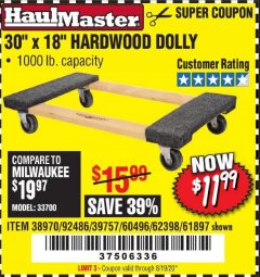 Harbor Freight Coupon 30"X18" 1000LB HARDWOOD DOLLY Lot No. 92486/39757/60496/62398/61897/38970 Expired: 8/19/20 - $11.99