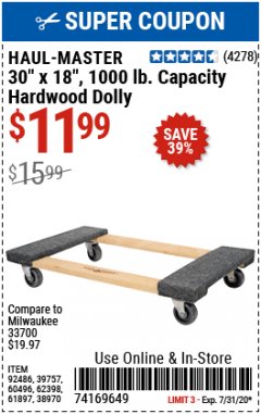 Harbor Freight Coupon 30"X18" 1000LB HARDWOOD DOLLY Lot No. 92486/39757/60496/62398/61897/38970 Expired: 7/31/20 - $11.99