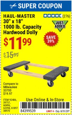 Harbor Freight Coupon 30"X18" 1000LB HARDWOOD DOLLY Lot No. 92486/39757/60496/62398/61897/38970 Expired: 8/31/20 - $11.99