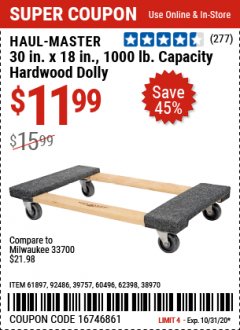 Harbor Freight Coupon 30"X18" 1000LB HARDWOOD DOLLY Lot No. 92486/39757/60496/62398/61897/38970 Expired: 10/31/20 - $11.99