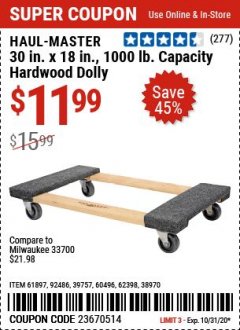 Harbor Freight Coupon 30"X18" 1000LB HARDWOOD DOLLY Lot No. 92486/39757/60496/62398/61897/38970 Expired: 10/31/20 - $11.99