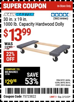 Harbor Freight Coupon 30"X18" 1000LB HARDWOOD DOLLY Lot No. 92486/39757/60496/62398/61897/38970 Expired: 2/12/23 - $13.99