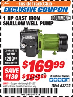 Harbor Freight ITC Coupon DRUMMOND 1 HP CAST IRON SHALLOW WELL PUMP WITH PRESSURE CONTROL SWITCH Lot No. 63752 Expired: 3/31/20 - $169.99