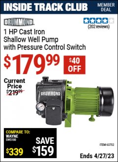 Harbor Freight ITC Coupon 1 HP CAST IRON SHALLOW WELL PUMP Lot No. 63752 Expired: 4/27/23 - $179.99