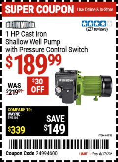 Harbor Freight Coupon 1 HP CAST IRON SHALLOW WELL PUMP Lot No. 63752 Expired: 8/17/23 - $189.99